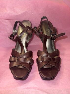 GUESS Brown Leather Woven T-Strap Heels